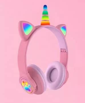 WikiMark Auriculares Unicornio Iluminado con Luces Led y Orejas de Gato, Bluetooth V5.0, Inalámbricos para Niños y Niñas con Limitación de Volumen. Puedes Responder Llamadas, (Rosa-Rosa)