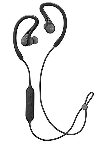 JVC HA-EC25W-B-U. Auriculares Deportivos con Ajuste Seguro y cómodo. hasta 6,5 Horas de batería. Resistente al Sudor. Cable antienredos. Bluetooth. Color Negro