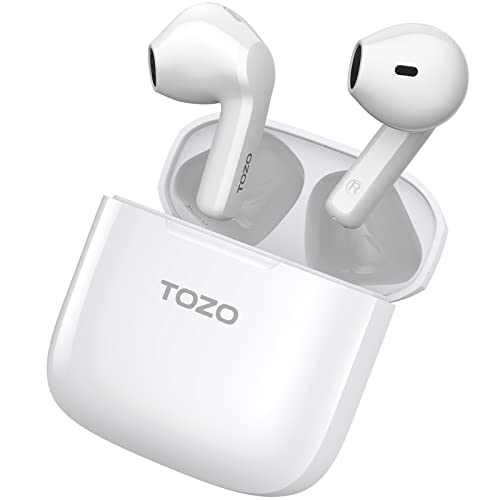 TOZO Auriculares Inalámbricos, A3 Cascos Inalambricos Bluetooth con Reducción de Ruido de Llamada Digital, Estuche de Carga con Tecla de Reinicio Detección de Sala, Auriculares de Media Oreja, Blanco