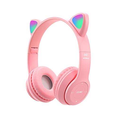 QOTSTEOS Auriculares inalámbricos para juegos, Bluetooth 5.0 plegables inalámbricos para juegos para niños y adultos, orejas de gato con luz LED (rosa)