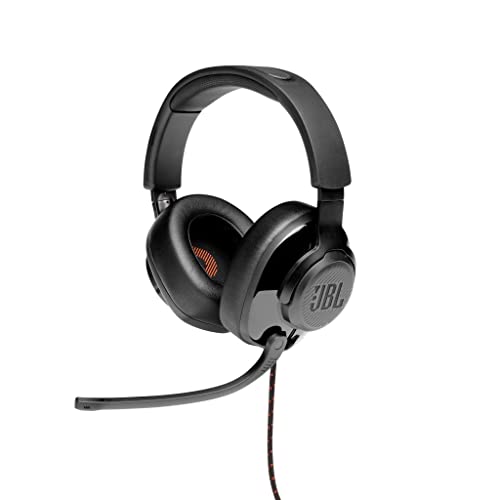 JBL Quantum 300 Auriculares para gamers con un diseño llamativo y micrófono, tecnología de virtualización surround, compatible con múltiples plataformas, en negro