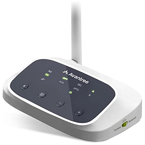 Avantree Oasis B Bluetooth 5.0 Receptor Transmisor Emisor de Largo Alcance para TV, Adaptador de Audio Inalámbrico aptX de Baja Latencia para 2 Auriculares, Doble Enlace, RCA AUX óptico