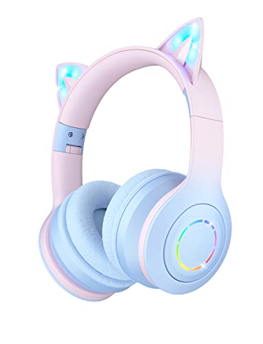 VuyKoo Auriculares Inalambricos para Niños con Micrófono/Luces LED, Auriculares Bluetooth, Sonido Estéreo, Auriculares Inalámbricos para Movil, Tablet,PC, PS4, para Regalo de cumpleaños/crisma (Azul)