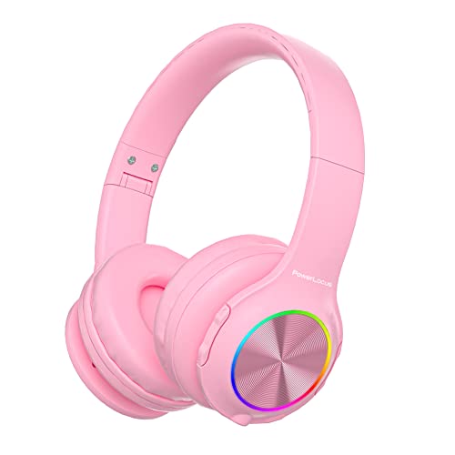 PowerLocus Auriculares Inalámbricos Diadema para Niños, Cascos Bluetooth con Micrófono Incorporado, Auriculares Plegables,luz LED,Soporte Micro SD/TF,94DB Volumen Limitado Seguro para Celulares/PC/TV