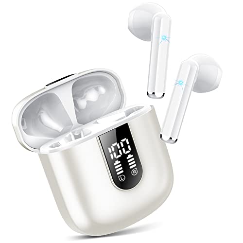 Jesebang Auriculares Inalámbricos, 2023 Auriculares Bluetooth 5.3 con HD Micrófono, Cascos Inalambricos Bluetooth con Potentes Altavoces de 13 mm, Sonido, LED Pantalla, Blanco Perlado