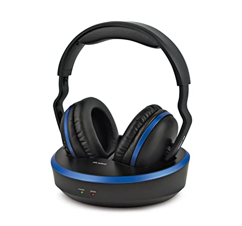 Meliconi HP Comfort, Auriculares Estéreo Inalámbricos para TV con Base Cargadora, Diadema Ajustable, 8h Autonomía con Baterías Recargables, Conexión Analógica de 3,5mm, Sintonización Automática, Negro