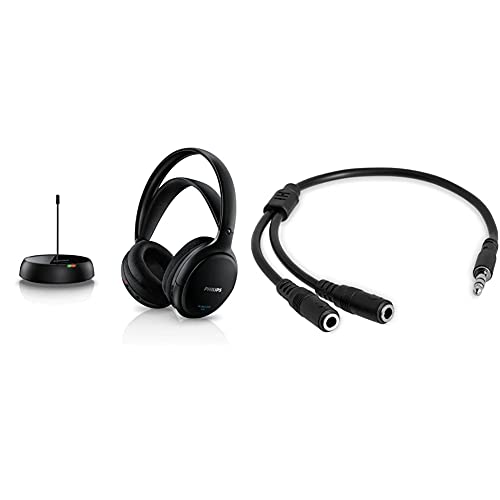 Philips Shc5200/10 Auriculares TV Inalámbricos, Supraaurales HiFi Negro + Startech.Com Startech Muy1Mffs - Cable Adaptador Estéreo (2 X 3.5 Mm), Negro