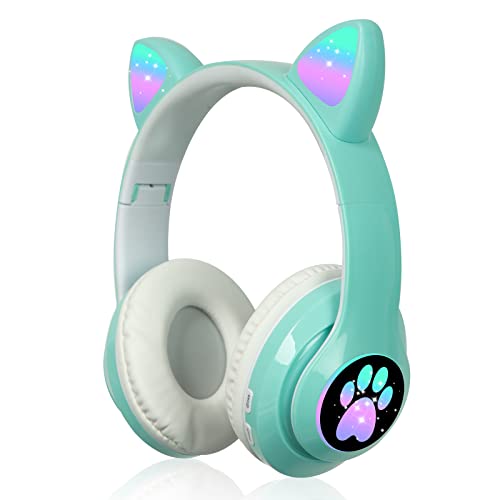 Auriculares para Niños Inalámbricos con Luz LED, Auriculares de Diademacon Orejas de Gato para Niñas, Bluetooth Plegables Auriculares con Micrófono para TV Regalo para Cumpleaños/Navidad (Verde)