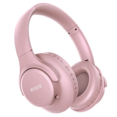 KVIDIO Auriculares Supraaurales Inalámbricos, 55 Horas de Reproducción Auriculares Bluetooth, Cascos Ligeros Plegables con Micrófono, Graves Profundos (Rosa)