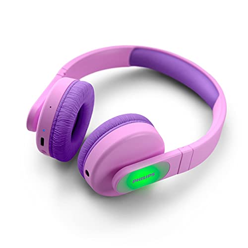 Philips TAK4206PK/00 Auriculares de Diadema Inalámbricos Bluetooth para Niños, Luces LED de Colores, Aplicación Philips con Control Parental y Límite de Volumen de 85dB (Rosado)