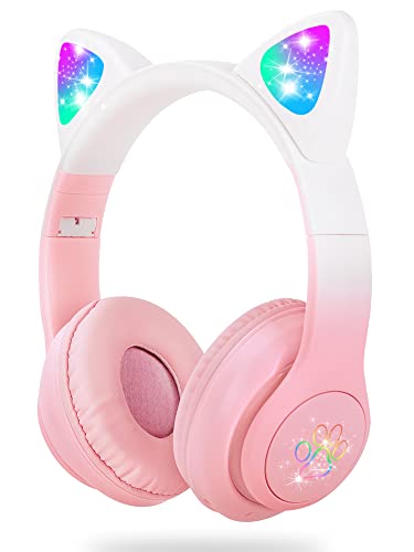 SENCU Auriculares inalámbricos para niños, con orejas de gato, con luz LED, plegables, Bluetooth, sonido estéreo HD, micrófono integrado para PC, teléfono, iPad, estudio, viajes (rosa degradado)