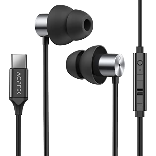 AGPTEK Auriculares USB Tipo C In-Ear con Micrófono, Auriculares para Dormir con Cable, Botón de Control Volumen Compatible por Samsung, Xiaomi, Huawei, Negro