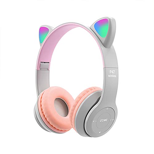 QOTSTEOS Auriculares inalámbricos para juegos, Bluetooth 5.0 plegables inalámbricos para juegos para niños y adultos, orejas de gato con luz LED (gris rosa)