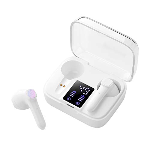 Auriculares Inalámbricos Bluetooth 5.0, Mini Auriculares Bluetooth Sin Cable Sport Cascos con Estuche de Carga de micrófono Sonido Estéreo LED Pantalla/para iPhone Android TV Tablets-Blanco