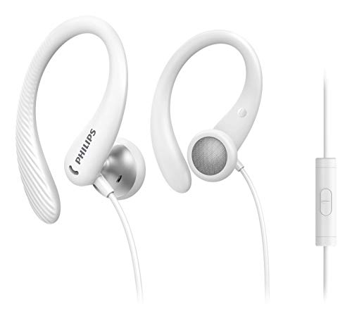 PHILIPS AUDIO Auriculares Deportivos Intrauditivos A1105WT con Micrófono (Gancho de Oreja Flexible, Apertura Bass, Resistentes al Sudor, Mando a Distancia Integrado) Blanco