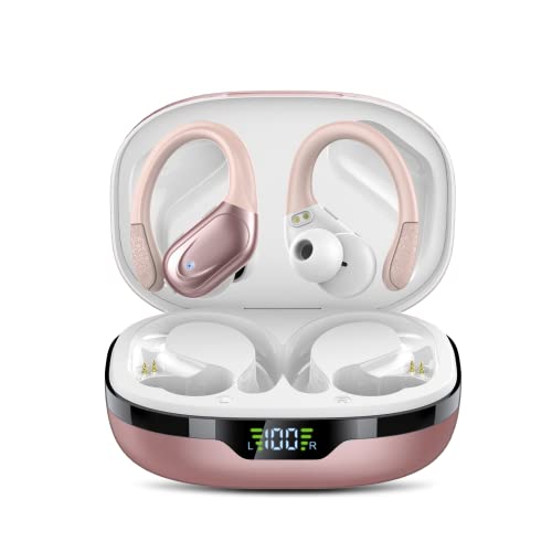 Auriculares Inalambricos, Auriculares Bluetooth 5.3, 60H con Indicador de Carga LED, Llamada Clara CVC8.0, Auriculares Inalambricos Deportivos con Gancho, Bajos Profundos, IPX7 Impermeable.