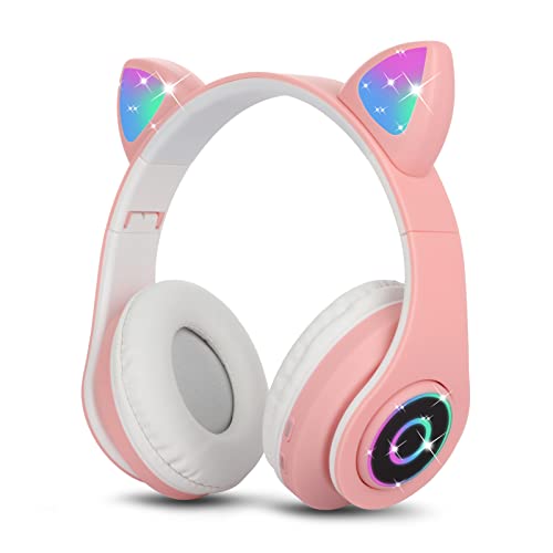 Sendowtek Auriculares Inalámbricos Niños Cascos Diadema con Oreja de Gato Auriculares Diadema Bluetooth con Microfono Incorporado Auriculares Rosa Regalo para Niños Niña Cumpleaños Navidad