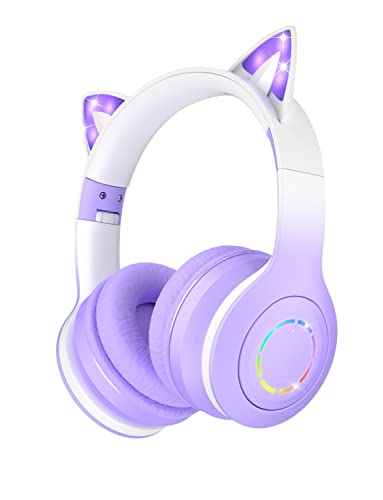 VuyKoo Auriculares Inalambricos para Niños con Micrófono/Luces LED, Auriculares Bluetooth, Sonido Estéreo, Auriculares Inalámbricos para Movil, Tablet,PC, para Regalo de cumpleaños/crisma (Púrpura)