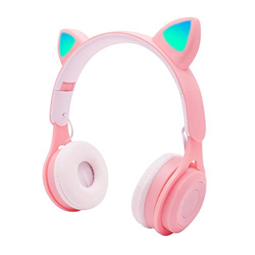 QOTSTEOS Lindo gato auriculares de oído, auriculares inalámbricos para juegos con luz LED para orejas de gato, música HIFI estéreo Bluetooth 5.0 auriculares inalámbricos para PC Tablet Radio FM (rosa)