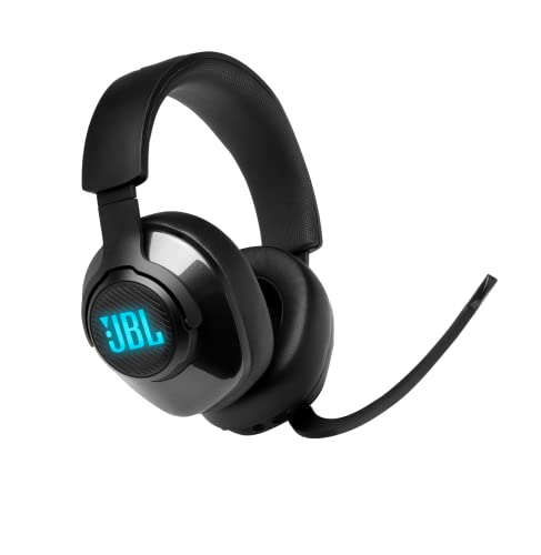 JBL Quantum 400 Auriculares para gamers con un diseño llamativo, tecnología de virtualización surround y reproducción DTS, con micrófono y RGB, compatible con múltiples plataformas, en negro