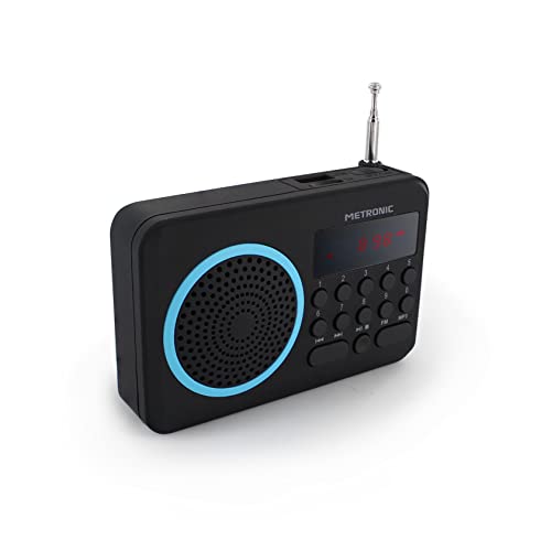 Metronic 477203 Radio portátil FM compacto con puerto USB + lector tarjeta Micro SD, negro/azul