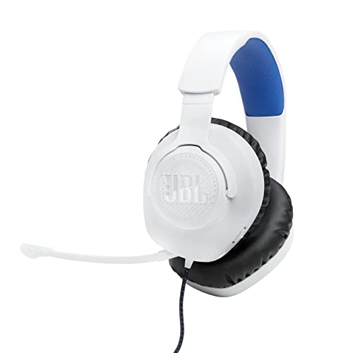 JBL Quantum 100P Auriculares para gaming con diadema, con micrófono de brazo desmontable, apropiados para Playstation y compatibles con otras consolas, en blanco y azul