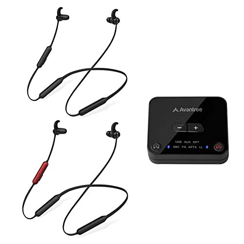 Avantree HT41866 Bluetooth 5.0 Auriculares inalámbricos duales para TV transmisor Soporte Auriculares Casco, con Banda el Cuello 20hrs, Control Volumen Personalizado, Enchufe juegue, sin retardo Audio