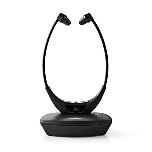 NEDIS Auriculares inalámbricos para TV, frecuencia de Radio, 4,5 Horas de reproducción, AUX, USB y Base de Carga, Color Negro, 1,20 m