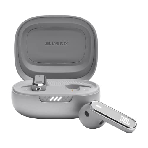 JBL Live Flex, Auriculares In Ear inalámbricos con Estuche de Carga Inteligente, tecnología Bluetooth y de cancelación adaptativa de Ruido, Llamadas Manos Libres y hasta 40 Horas de autonomía, Plata