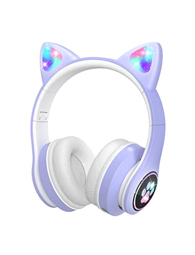 VuyKoo Auriculares Bluetooth para Niños con Micrófono/Luces LED, Cascos Inalámbricos, Sonido Estéreo, Auriculares Inalámbricos para Movil, Tablet,Laptops, para Regalo de cumpleaños/crisma (Morado)