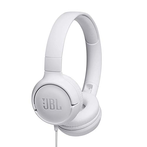 JBL Tune 500 - Auriculares supraaurales de cable y control remoto de un solo botón, micrófono incluido, asistente de voz, blanco