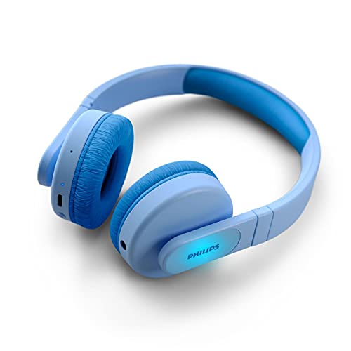 Philips TAK4206BL/00 Auriculares de Diadema Inalámbricos Bluetooth para Niños, Luces LED de Colores, Aplicación Philips con Control Parental y Límite de Volumen de 85dB (Azul)