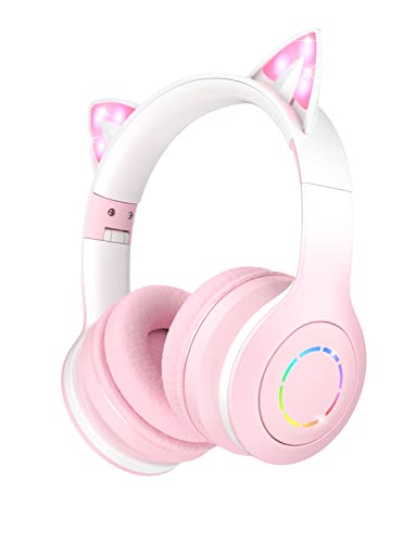 VuyKoo Auriculares Inalambricos para Niños con Micrófono/Luces LED, Auriculares Bluetooth, Sonido Estéreo, Auriculares Inalámbricos para Movil, Tablet,PC, PS4, para Regalo de cumpleaños/crisma (Rosa)