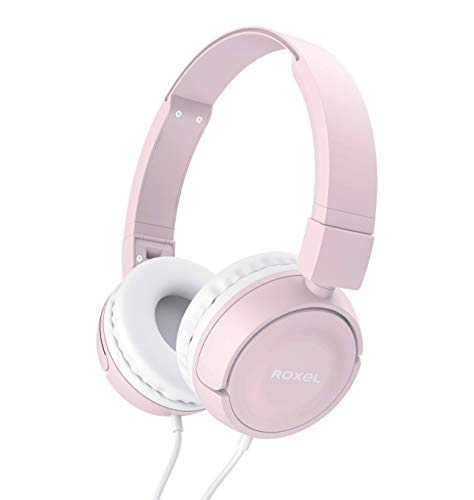 Roxel RX110 - Auriculares inalámbricos plegables con cable con micrófono y auriculares ergonómicos compatibles con dispositivos Android e iOS, responder llamadas entrantes (rosa)