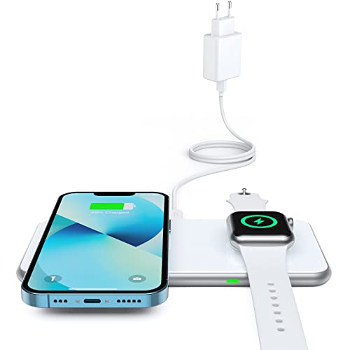 Cargador inalámbrico, 2 en 1 Caricatore Wireless per 14/14 Pro/13/13 Pro/12/12 Pro/11/X/8, Samsung S22/S21/ S20/ Note 20, Airpods 3/2/Pro, iWatch 8/7/6/SE /5/4/ 3/2(Adattatore Include)