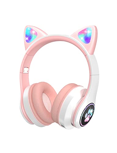 VuyKoo Auriculares Bluetooth para Niños con Micrófono/Luces LED, Cascos Inalámbricos, Sonido Estéreo, Auriculares Inalámbricos para Movil, Tablet,Laptops, PS4, para Regalo de cumpleaños/crisma (Rosa)