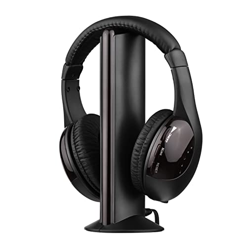 Lechnical Auriculares inalámbricos multifuncionales 5 en 1 FM Hi-Fi Juego de emisor y receptor de auriculares inalámbricos Radio FM Computadora Monitor de TV Auriculares inalámbricos Auriculares con c