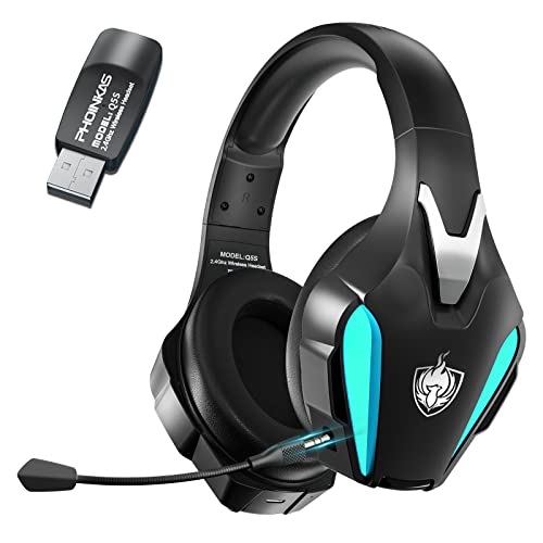 PHOINIKAS Auriculares Gaming Inalámbricos, Cascos Gaming, Dongle de 2.4Ghz para PS4/PS5/PC, 7.1 Estéreo, Micrófono con Cancelación de Ruido Desmontable, Luz LED