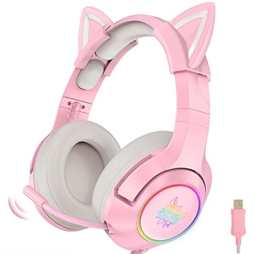 Auriculares Rosa Para Juegos, Auriculares Orejas De Gato, Auriculares Para Juegos Con Sonido Envolvente 7.1 Con Reducción De Ruido Ajustable, Luz Led, Micrófono Retráctil Y Orejas De Gato Extraíbles