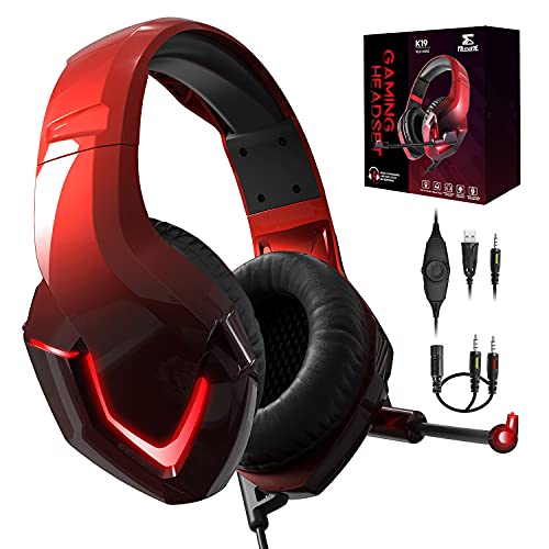 NEEDONE Auriculares Gaming con Microfono para PS4 PC Xbox One PS5 Switch Fortnite Gamer Computadora K19 Cascos Gaming con Bass Surround Cancelacion Ruido Diadema Acolchada y Ajustable Rojo