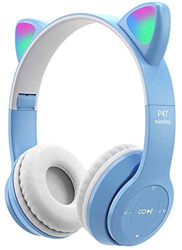 kieyeeno Niños Auriculares inalámbricos Bluetooth con Oreja de Gato, Auriculares Plegable Ajustables con Microfono Incorporado, Auriculares Regalo para Niños Niña Cumpleaños Azul