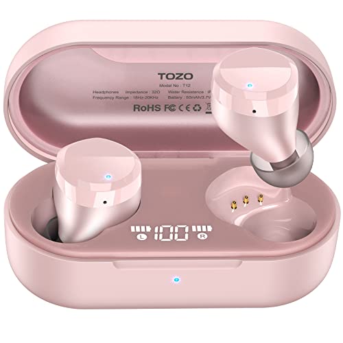 TOZO T12 Auriculares Inalámbricos Bluetooth, Cascos Inalambricos Bluetooth 5.3 con Control táctil y Pantalla LED de Inteligencia Digital IPX8 Impermeables, Rápida Carga USB-C Graves Intenos