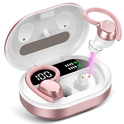 Auriculares Inalambricos Deportivos, Hi-Fi Estéreo Auriculares Bluetooth 5.3 con Microfono, Carga Rápida USB-C, Pantalla LED, IPX7 Impermeable Cascos Inalambricos Bluetooth con Gancho, Oro Rosa