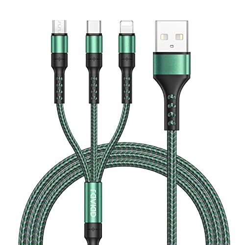 RAVIAD 3 en 1 Multi Cable de Carga, Multi USB Cargador Cable [1.2M] Nylon Múltiples Micro USB Tipo C para Android Samsung Galaxy S10/S9/S8/S7, Huawei P30/P20, Sony, Xiaomi, OnePlus- Verde