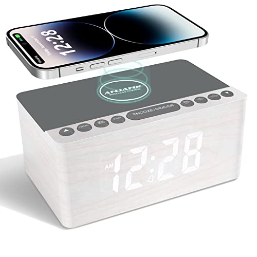 ANJANK Radio Despertador Digital de Madera con estación de Carga inalámbrica, 10 W, Cargador rápido inalámbrico para iPhone/Samsung Galaxy, Puerto de Carga USB, Radio Reloj sin Tic TAC.