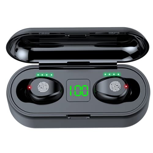 Ezerez Auriculares Inalambricos con Micrófono Bluetooth 5.0 - Auriculares Inalambricos Impermeables - Estuche con Pantalla Led y Función Powerbank (F9 Negro)