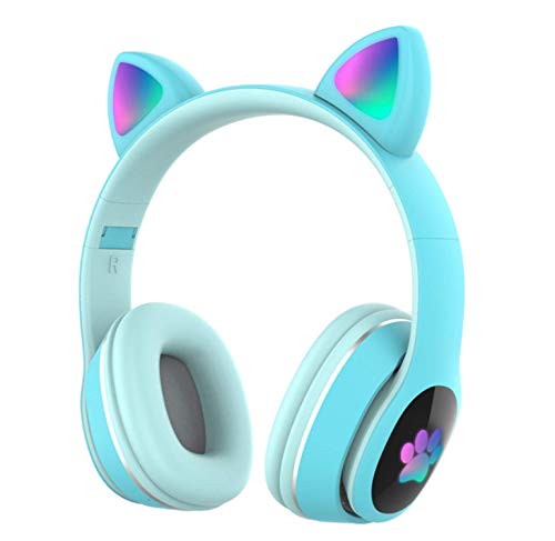 Yurlgst Auriculares Bluetooth para niños Auriculares inalámbricos de Oreja de Gato con luz LED Intermitente(Azul)