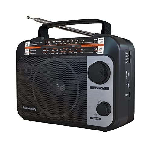 Audiocrazy Radio Portátil FM/Am/SW 1-2, con Batería Recargable de 1000 mAh, Cable CA o Pilas, Radio Multibanda de Onda Corta Aux/Entrada para Auriculares,Negro