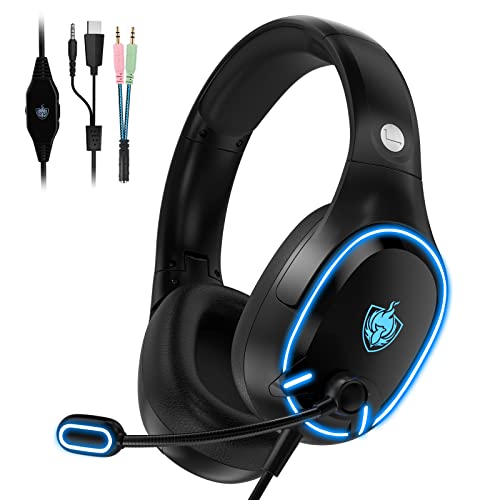 YOTMS Cascos PC, Auriculares Gaming para PS5, PS4, Nintendo Switch, Xbox One H-8 Auriculares con Micrófono, Sonido Estéreo, Luz LED, Control de Volumen - Azul