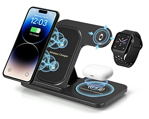 ZWOOS 3 en 1 Estación de Carga Inalámbrica, Cargador Compatible con iPhone 12/12 Pro/SE/13/13 Pro/14/14 Pro, Apple Watch 7/6/5/4/3, AirPods 3/2/Pro